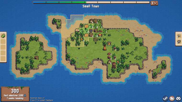 A Combolands island early in a run, with a small cluster of buildings and a 3,000-point Small Town milestone target